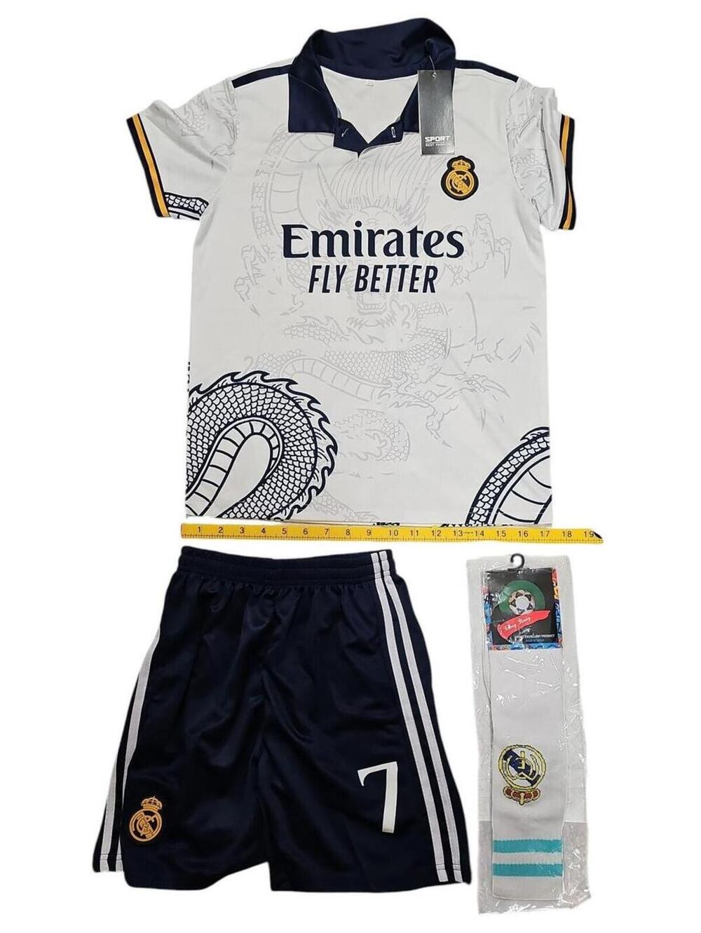 Vini Jr #7 Real Madrid Youth Jersey & Shorts Set w/ Socks Size 26 Dragon Graphic